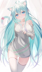 1girl absurdres ahoge animal_ear_fluff animal_ears aqua_hair arm_behind_back bare_shoulders blue_eyes blush bow breasts cat_ears cat_girl cat_tail cleavage collarbone colored_tips commission cowboy_shot curtains gradient_hair grey_shirt hair_between_eyes hand_up highres large_breasts long_hair long_sleeves looking_at_viewer multicolored_hair okomeillust original parted_lips shirt sidelocks skeb_commission sleeves_past_wrists solo tail tail_bow tail_ornament tail_raised thighhighs thighs very_long_hair white_background white_thighhighs zettai_ryouiki