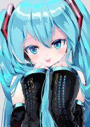 Rule 34 | 1girl, :p, aqua eyes, aqua hair, bare shoulders, black sleeves, close-up, commentary, detached sleeves, grey background, hair ornament, hands up, hatsune miku, headphones, headset, highres, holding, holding own hair, long hair, looking at viewer, shoulder tattoo, sleeves past wrists, solo, takepon1123, tattoo, tongue, tongue out, twintails, upper body, very long hair, vocaloid