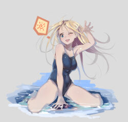Rule 34 | 1girl, blonde hair, blue eyes, blue one-piece swimsuit, commentary request, competition school swimsuit, grey background, kneeling, kofune ushio, long hair, n-oel, one-piece swimsuit, school swimsuit, simple background, solo, summertime render, swimsuit, very long hair, water