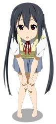 Rule 34 | 00s, 1girl, barefoot, bent over, black hair, brown eyes, feet, hands on legs, igashiko, k-on!, leaning forward, long hair, nakano azusa, school uniform, shadow, simple background, solo, twintails, white background