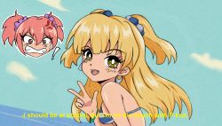 Rule 34 | 1990s (style), angry, beach, blonde hair, blush, commentary, english commentary, fangs, from side, green eyes, highres, idolmaster, idolmaster cinderella girls, jougasaki mika, jougasaki rika, long hair, looking at viewer, mrhunking, open mouth, pink hair, smile, swimsuit, traditional media, translated, twintails