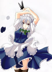 Rule 34 | 1girl, apron, arms behind head, arms up, braid, female focus, hairband, headdress, izayoi sakuya, knife, maid, maid apron, oimari, red eyes, short hair, silver hair, solo, embodiment of scarlet devil, thighhighs, throwing knife, touhou, twin braids, weapon, white background