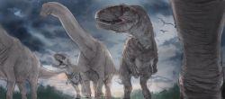 Rule 34 | argentinosaurus, ari hinoko, cloud, cloudy sky, commentary request, day, dinosaur, diplodocus, forest, giganotosaurus, highres, nature, no humans, open mouth, outdoors, prehistoric animal, pterosaur, sauropod, scenery, sky, standing, tree