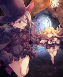 Rule 34 | 2girls, ange (princess principal), blonde hair, blue eyes, blush, braid, breasts, cape, grey hair, hat, highres, holding hands, lamp, long hair, looking at another, medium breasts, mephisto (angraecum), multiple girls, open mouth, princess (princess principal), princess principal, running, short hair, sweatdrop, top hat, tunnel