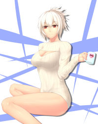 Rule 34 | 1girl, alternate costume, bare legs, breasts, casual, cleavage cutout, clothing cutout, female focus, folded ponytail, hair between eyes, highres, large breasts, league of legends, meme attire, open-chest sweater, red eyes, ribbed sweater, riven (league of legends), ryu seung, sitting, smile, solo, sweater, white hair