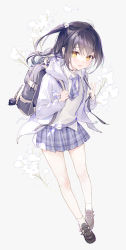 Rule 34 | 1girl, :d, backpack, bag, black footwear, black hair, blue jacket, collared shirt, full body, gomzi, grey background, hair between eyes, hands up, highres, hood, hood down, hooded jacket, jacket, long sleeves, looking at viewer, necktie, one side up, open clothes, open jacket, open mouth, original, plaid, plaid necktie, plaid skirt, pleated skirt, purple necktie, purple skirt, shirt, shoes, simple background, skirt, sleeves past wrists, smile, socks, solo, sweater vest, v, white shirt, white socks, yellow eyes
