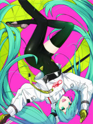 Rule 34 | 1girl, :d, amagasa nadame, asymmetrical bodysuit, black bodysuit, black footwear, black gloves, bodysuit, boots, commentary request, covered navel, gloves, green eyes, green gloves, green hair, hatsune miku, highres, jacket, long hair, long sleeves, open mouth, pink background, puffy long sleeves, puffy sleeves, racing miku, racing miku (2022), single thigh boot, smile, solo, thigh boots, twintails, upside-down, very long hair, vocaloid, white jacket