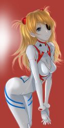 Rule 34 | 1girl, absurdres, artist request, ass, blue eyes, bodysuit, breasts, brown hair, cowboy shot, evangelion: 3.0+1.0 thrice upon a time, expressionless, eyepatch, hair between eyes, highres, huge ass, interface headset, lips, long hair, looking at viewer, neon genesis evangelion, pilot suit, plugsuit, rebuild of evangelion, red background, shiny clothes, skin tight, solo, souryuu asuka langley, two side up, very long hair, white bodysuit, wide hips