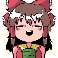 Rule 34 | 1girl, black eyes, blush, bow, brown hair, collared shirt, commentary, cookie (touhou), cup, frilled bow, frilled hair tubes, frilled shirt collar, frills, hair bow, hair tubes, hakurei reimu, half-closed eyes, highres, long hair, looking at viewer, medium bangs, open mouth, red bow, red shirt, reu (cookie), shirt, sidelocks, simple background, sleeveless, sleeveless shirt, smile, solo, symbol-only commentary, sznkrs, touhou, two-tone background, upper body, white background, yellow background, yunomi