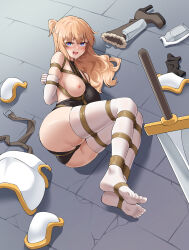 Rule 34 | 1girl, absurdres, armor, arms behind back, ass, bdsm, belt, black leotard, blonde hair, blue eyes, blush, bondage, boots, bound, bound ankles, bound arms, bound feet, bound legs, breastplate, breasts, brown belt, brown footwear, chinese commentary, commentary request, drooling, elbow gloves, feet, fur-trimmed boots, fur trim, furrowed brow, gloves, gold trim, halter leotard, halterneck, heart, heart-shaped pupils, high heel boots, high heels, highres, large breasts, leotard, long hair, looking at viewer, lying, nipples, no shoes, on floor, on side, one breast out, open mouth, original, restrained, rope, saliva, shibari, shibari over clothes, shoes, shoulder armor, skindentation, soles, solo, stone floor, sword, symbol-shaped pupils, t zhonglang, thighhighs, toes, unworn armor, unworn shoes, weapon, white armor, white gloves, white thighhighs