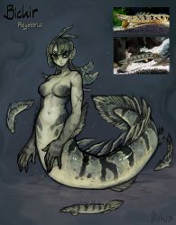 Rule 34 | 1girl, absurdres, bichir polypterus, black eyes, breasts, closed mouth, commentary, completely nude, creature and personification, english commentary, fins, fish, full body, green hair, highres, large breasts, lips, looking at viewer, matilda fiship, mermaid, monster girl, navel, nude, original, photo-referenced, photo inset, scar, scar on arm, serious, solo, webbed hands