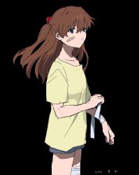 Rule 34 | 1girl, bandaged arm, bandaged leg, bandages, bandaid, bandaid on cheek, bandaid on face, black background, blue eyes, brown hair, closed mouth, collarbone, dot nose, eyebrows, feet out of frame, female focus, from side, hair ornament, highres, long hair, looking at viewer, neon genesis evangelion, shirt, short sleeves, simple background, solo, souryuu asuka langley, standing, tagme, takatisakana, yellow shirt