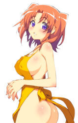 Rule 34 | 1girl, apron, ass, blush, breasts, cleavage, covered erect nipples, large breasts, looking at viewer, mikakunin de shinkoukei, naked apron, orange hair, parted lips, purple eyes, short hair, sideboob, simple background, solo, tamori tadaji, twintails, two side up, white background, yonomori kobeni