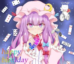 Rule 34 | 1girl, bicycle, blue bow, blue eyes, blue ribbon, blush, bow, bowtie, capelet, card, cat, commentary request, crescent, crescent pin, gradient eyes, hair bow, happy birthday, hat, hat ribbon, looking at viewer, mob cap, multicolored eyes, partial commentary, patchouli knowledge, pink eyes, playing card, poker chip, purple eyes, rainbow text, red bow, red neckwear, red ribbon, ribbon, riding, riding bicycle, seo haruto, slit pupils, smile, sparkle, striped, touhou, translation request, upper body, watermark, wide sleeves