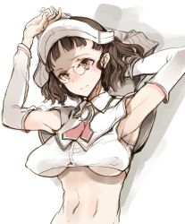 Rule 34 | 10s, 1girl, :|, arm behind head, armpits, arms up, ascot, blunt bangs, blush, breasts, breasts apart, brooch, brown eyes, brown hair, closed mouth, collared shirt, covered erect nipples, crop top, detached sleeves, endou okito, eyewear strap, forehead, glasses, jewelry, kantai collection, long sleeves, looking at viewer, maid headdress, medium breasts, midriff, navel, no bra, red ascot, roma (kancolle), round eyewear, sagging breasts, shirt, short hair, simple background, solo, tareme, taut clothes, taut shirt, underboob, upper body, wavy hair, white background, white shirt
