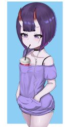 Rule 34 | 1girl, black choker, blue background, bob cut, breasts, bubble tea challenge, choker, collarbone, drinking, drinking straw, earphones, fate/grand order, fate (series), hands in pockets, highres, hood, hoodie, horns, looking down, maryn, off shoulder, oni, purple eyes, purple hair, purple shirt, shirt, short eyebrows, short hair, short shorts, shorts, shuten douji (fate), single bare shoulder, skin-covered horns, small breasts, solo, spaghetti strap
