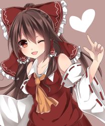 Rule 34 | 1girl, ascot, bare shoulders, bow, breasts, brown hair, detached sleeves, hair bow, hair tubes, hakurei reimu, heart, highres, one eye closed, red hair, small breasts, solo, touhou, wink, yamasuta