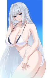 Rule 34 | 1girl, absurdres, ass, bikini, blue eyes, breast tattoo, breasts, cleavage, closed mouth, crimecrime, ethel (xenoblade), grey hair, highres, large breasts, long hair, looking at viewer, simple background, smile, solo, swimsuit, tattoo, very long hair, xenoblade chronicles (series), xenoblade chronicles 3