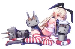 Rule 34 | &gt; &lt;, 10s, 1girl, :3, bad id, bad pixiv id, blonde hair, boots, closed eyes, crossed arms, elbow gloves, gloves, grey footwear, hairband, kantai collection, lifebuoy, looking at viewer, lying, midriff, navel, pen (steelleets), rensouhou-chan, shimakaze (kancolle), skirt, striped clothes, striped thighhighs, swim ring, thighhighs, transparent background, yellow eyes