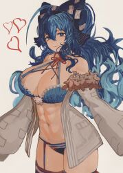 Rule 34 | 1girl, blue bow, blue bra, blue eyes, blue hair, bow, bra, breasts, cleavage, closed mouth, coat, commentary, cowboy shot, english commentary, garter belt, hair bow, heart, highres, large breasts, long hair, looking at viewer, navel, panties, smile, solo, striped clothes, striped panties, tomatolover16, touhou, underwear, white coat, yorigami shion
