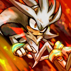 Rule 34 | 1boy, boots, embers, furry, furry male, gloves, highres, open mouth, silver the hedgehog, solo, sonic (series), tail, tamiya surume, teeth, white fur, white gloves, yellow eyes