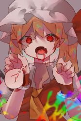 Rule 34 | 1girl, absurdres, ascot, blonde hair, blood, blood on face, crystal, fangs, flandre scarlet, halloween, hat, highres, medium hair, mob cap, open mouth, red eyes, rokka (rokka937), solo, speech bubble, stitches, touhou, upper body, yellow ascot, zombie