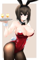 Rule 34 | 1girl, absurdres, aikir (jml5160), animal ears, beige background, black bow, black bowtie, black eyes, black hair, black pantyhose, border, bow, bowtie, breasts, cleavage, commission, cowboy shot, cup, detached collar, drinking glass, fake animal ears, fishnet pantyhose, fishnets, girls und panzer, highres, large breasts, leotard, looking at viewer, nishizumi maho, pantyhose, pixiv commission, playboy bunny, rabbit ears, rabbit tail, red leotard, short hair, solo, strapless, strapless leotard, tail, tray, two-tone background, white border, wine glass, wrist cuffs