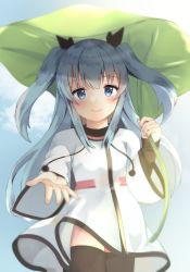 Rule 34 | 1girl, absurdres, black thighhighs, blue eyes, blue hair, blue sky, blurry, blush, cloud, contrapposto, cowboy shot, day, depth of field, dress, hair between eyes, head tilt, highres, holding, holding leaf, leaf, leaf umbrella, long hair, long sleeves, looking at viewer, noel (sora no method), outdoors, outstretched hand, reaching, reaching towards viewer, sky, smile, solo, sora no method, standing, sylux, thighhighs, twintails, very long hair, white dress, wind, wind lift