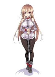 Rule 34 | bare shoulders, bdsm, belt collar, blonde hair, bondage, borrowed character, bound, bound ankles, bound wrists, breasts, clenched hand, clenched hands, closed mouth, clothing cutout, collar, cuffs, full body, highres, kinbakuman, kubiwa (kutan), long hair, long sleeves, looking at viewer, original, pantyhose, purple eyes, restrained, ribbed sweater, shackles, shoulder cutout, simple background, solo, standing, sweater, turtleneck, turtleneck sweater, white background, white sweater