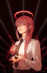 Rule 34 | 1girl, black background, black necktie, blood, braid, chain, chainsaw man, eyelashes, halo, heart, highres, intestines, long hair, long sleeves, makima (chainsaw man), necktie, pineapplebreads, pink lips, red hair, ringed eyes, shirt, solo focus, upper body, white shirt, yellow eyes
