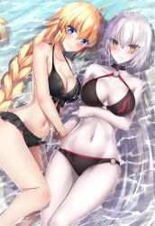 Rule 34 | 2girls, ahoge, arm under breasts, bare arms, bare shoulders, bikini, black bikini, black choker, blonde hair, blue eyes, blush, braid, breast hold, breasts, brown eyes, choker, closed mouth, collarbone, commentary request, fate/grand order, fate (series), hair between eyes, jeanne d&#039;arc alter (swimsuit berserker) (fate), jeanne d&#039;arc (fate), jeanne d&#039;arc (ruler) (fate), jeanne d&#039;arc (swimsuit archer) (fate), jeanne d&#039;arc (swimsuit archer) (first ascension) (fate), jeanne d&#039;arc alter (fate), jeanne d&#039;arc alter (swimsuit berserker) (fate), large breasts, long hair, looking at viewer, lying, multiple girls, navel, o-ring, o-ring bikini, o-ring bottom, o-ring top, on back, on side, pale skin, partially submerged, rong yi tan, shallow water, silver hair, single braid, smile, swimsuit, very long hair, water