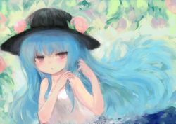 Rule 34 | 1girl, bad id, bad pixiv id, blue hair, blush, dress, food, fruit, hat, hinanawi tenshi, leaf, long hair, looking to the side, maccha cocoa (mococo), open mouth, peach, red eyes, sleeveless, solo, touhou, upper body