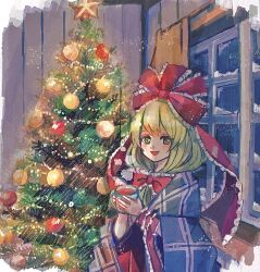 Rule 34 | 1girl, blanket, christmas, christmas lights, christmas ornaments, christmas tree, commentary, cup, curtains, dress, faux traditional media, frilled ribbon, frills, front ponytail, green eyes, green hair, highres, holding, holding cup, indoors, kagiyama hina, long hair, looking at viewer, nauka, open mouth, red dress, ribbon, solo, star (symbol), steam, touhou, under covers, window, wrist ribbon