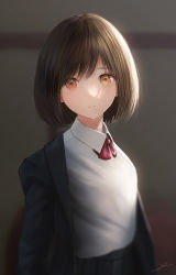Rule 34 | 1girl, blazer, blurry, bob cut, brown eyes, brown hair, collared shirt, depth of field, expressionless, highres, jacket, looking at viewer, neck ribbon, ojay tkym, original, parted lips, pleated skirt, red ribbon, resolution mismatch, ribbon, school uniform, shirt, short hair, signature, skirt, solo, source larger, upper body