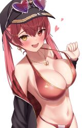 Rule 34 | 1girl, absurdres, breasts, cleavage, hat, highres, hololive, houshou marine, kumoru (kumoru 145), looking at viewer, open mouth, red eyes, red hair, smile, solo, twintails, yellow eyes