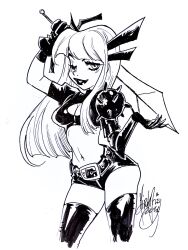 Rule 34 | breasts, cleavage, cleavage cutout, clothing cutout, commentary, commission, cropped shirt, elbow gloves, english commentary, floating hair, gloves, greyscale, highres, illyana rasputina, long hair, looking at viewer, magik (x-men), marvel, medium breasts, midriff, monochrome, navel, one eye closed, parted lips, second-party source, short shorts, shorts, signature, single elbow glove, smile, thighhighs, wanren (whter11), western comics (style), x-men
