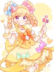 Rule 34 | 1girl, anko maccha, asahina mirai, back bow, blonde hair, bow, braid, braided hair rings, brooch, bubble skirt, candy hair ornament, choker, closed mouth, cure miracle, cure miracle (topaz style), dress bow, food-themed hair ornament, food-themed ornament, frilled skirt, frills, hair ornament, hair rings, hairband, hat, heart, heart choker, holding, holding staff, jewelry, looking at viewer, magical girl, mahou girls precure!, medium hair, mini hat, mini witch hat, orange bow, pink headwear, precure, puffy sleeves, purple eyes, signature, skirt, smile, solo, staff, thigh strap, topaz style, twin braids, witch hat, wrist cuffs, yellow bow, yellow choker, yellow hairband, yellow skirt, yellow theme