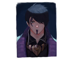 Rule 34 | 1boy, :/, absurdres, aphelios, black background, closed mouth, collared shirt, expressionless, facial mark, highres, jacket, league of legends, looking at viewer, male focus, purple eyes, purple jacket, shirt, short hair, solo, suk180, swept bangs, white background