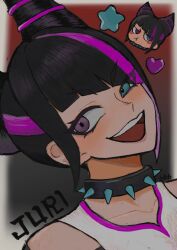 Rule 34 | 1girl, 666 suguneru, black background, black collar, black hair, blue eyes, character name, chibi, chibi inset, collar, collarbone, commentary request, diagonal bangs, drill hair, han juri, heart, heterochromia, highres, multicolored hair, open mouth, pink hair, portrait, pout, purple eyes, red background, short hair, smile, solo, spiked collar, spikes, star (symbol), streaked hair, street fighter, street fighter 6, teeth, twin drills, two-tone background, two-tone hair, upper teeth only