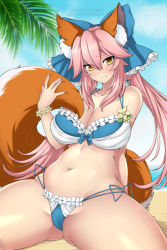 Rule 34 | 1girl, animal ear fluff, animal ears, bare shoulders, beach, bikini, blush, bow, breasts, cleavage, day, fate/extra, fate (series), flower, flower bracelet, fox ears, fox girl, fox tail, frilled bikini, frills, hair between eyes, hair bow, horizon, large breasts, lindaroze, long hair, looking at viewer, nail polish, navel, ocean, official alternate costume, open mouth, pink hair, sand, sidelocks, smile, solo, swimsuit, tail, tamamo (fate), tamamo no mae (fate/extra), tamamo no mae (vacances d&#039;ete) (fate), teeth, thighs, twintails, water, yellow eyes