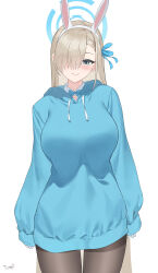 Rule 34 | 1girl, absurdres, animal ears, asuna (blue archive), asymmetrical bangs, black pantyhose, blonde hair, blue archive, blue hoodie, blush, breasts, cowboy shot, fake animal ears, hair over one eye, halo, highres, hood, hoodie, large breasts, looking at viewer, no pants, one eye covered, oversized clothes, pantyhose, rabbit ears, simple background, sleeves past wrists, smile, solo, tomid, white background