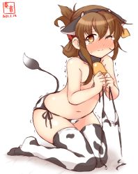 Rule 34 | 1girl, alternate costume, animal ears, animal print, artist logo, bikini, unworn bikini top, blush, brown eyes, brown hair, commentary request, cow ears, cow horns, cow print, cow tail, dated, ear tag, fake animal ears, fake horns, flat chest, folded ponytail, highres, holding, holding clothes, horns, inazuma (kancolle), kanon (kurogane knights), kantai collection, long hair, nose blush, one eye closed, side-tie bikini bottom, simple background, solo, swimsuit, tail, thighhighs, topless, trembling, white background, white bikini, white thighhighs