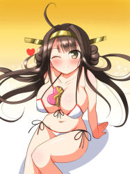 Rule 34 | 10s, 1girl, alternate costume, between breasts, bikini, blush, breasts, brown eyes, brown hair, cleavage, deego (omochi bazooka), heart, huge breasts, kantai collection, kongou (kancolle), long hair, looking at viewer, navel, one eye closed, sitting, smile, solo, swimsuit