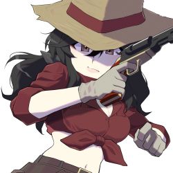 Rule 34 | 1girl, absurdres, belle (girls und panzer), belt, black belt, black hair, breasts, brown eyes, brown hat, cleavage, closed mouth, collared shirt, commentary, cowboy hat, finger on trigger, front-tie top, frown, girls und panzer, gloves, grey gloves, gun, handgun, hat, highres, holding, holding gun, holding weapon, long hair, long sleeves, looking at viewer, medium breasts, messy hair, midriff, nakachiruno, navel, red shirt, revolver, shirt, simple background, solo, straw hat, upper body, weapon, white background
