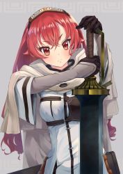 Rule 34 | 1girl, agmt, breasts, capelet, chest guard, closed mouth, crossed bangs, eris greyrat, eyelashes, gloves, hair between eyes, headband, highres, holding, holding sword, holding weapon, long hair, long sleeves, mushoku tensei, red eyes, red hair, shirt, small breasts, solo, sword, thick eyebrows, upper body, weapon, white shirt, wide sleeves