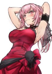Rule 34 | 1girl, armband, arms behind head, blush, dress, formal, from below, highres, hololive, hololive english, long hair, longlong (drasdr7513), mori calliope, mori calliope (3rd costume), official alternate costume, pink eyes, pink hair, red dress, simple background, skull, solo, steam, sweat, upper body, virtual youtuber, white background