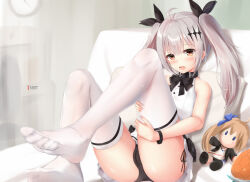 Rule 34 | 1girl, ahoge, black panties, breasts, cameltoe, cleft of venus, collar, fal (girls&#039; frontline), five-seven (adventures of fenfen) (girls&#039; frontline), five-seven (girls&#039; frontline), girls&#039; frontline, grey hair, hair ornament, hair ribbon, hairclip, long hair, looking at viewer, napalmbit, no shoes, orange eyes, paid reward available, panties, ribbon, side-tie panties, sleeveless, small breasts, solo, thighhighs, toes, twintails, underwear