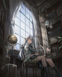Rule 34 | 1girl, :d, apron, ari (shichigatsu), bad id, bad pixiv id, black socks, bloom, book, bookshelf, brown shorts, cup, curtains, day, desk, eyelashes, from below, globe, hair between eyes, highres, holding, holding cup, indoors, ink bottle, inkwell, light rays, long hair, looking at viewer, mug, open mouth, original, quill, red eyes, room, shichigatsu, shirt, shorts, silver hair, sitting, smile, socks, solo, stool, sunbeam, sunlight, twintails, white shirt, window