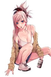 Rule 34 | :o, alcohol, alternate costume, asahi breweries, asymmetrical hair, beer, beer can, beige sweater, blue eyes, breasts, can, casual, cleavage, collarbone, denim, denim shorts, drink can, earrings, fate/grand order, fate (series), foot out of frame, hair ornament, highres, jewelry, large breasts, leaf, looking at viewer, maple leaf, miyamoto musashi (fate), off shoulder, open mouth, pink hair, ponytail, shoes, shorts, sneakers, squatting, strap gap, tank top, teeth, thighs, upper teeth only, white tank top