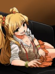 Rule 34 | 10s, 1girl, arm support, bangle, blonde hair, bracelet, breasts, couch, female focus, idolmaster, idolmaster cinderella girls, jewelry, jougasaki rika, long hair, looking at viewer, lying, on side, open clothes, open mouth, open shirt, pleated skirt, scrunchie, shift (waage), shirt, skirt, sleeves pushed up, small breasts, solo, twintails, two side up, vest, white shirt, wing collar, yellow eyes